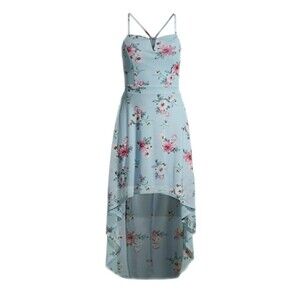 No Boundaries HiLow Blue LaceBack Floral Print Dress sz S 3-5 Juniors SemiSheer